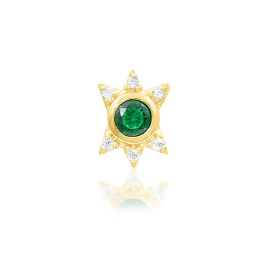 Junipurr Mage solid 14k yellow gold threadless end with a 2.5mm emerald-green CZ and six white CZ accents, front product view.