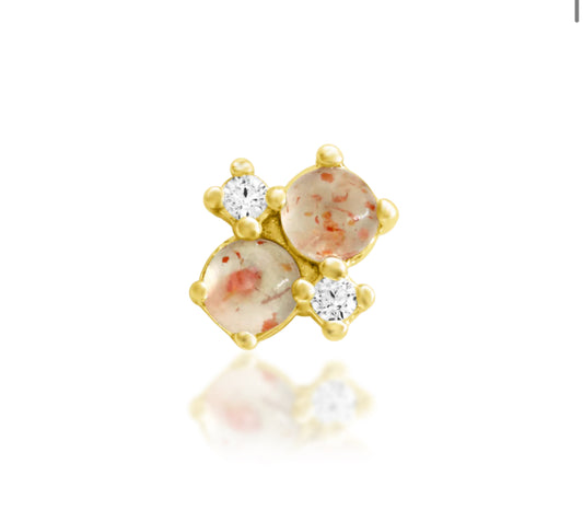 Junipurr Mala solid 14k gold threadless decorative end with Sunstone, product view.