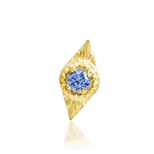 Junipurr Malaika solid 14k yellow gold Light Tanzanite wing threadless end, front view.