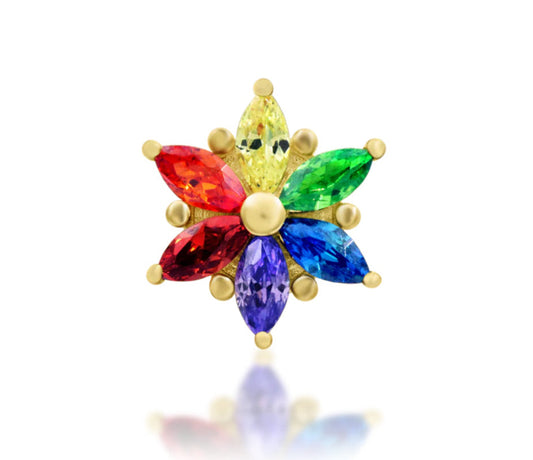 Junipurr Marsha solid 14k gold Rainbow CZ cluster threadless decorative end, product view.