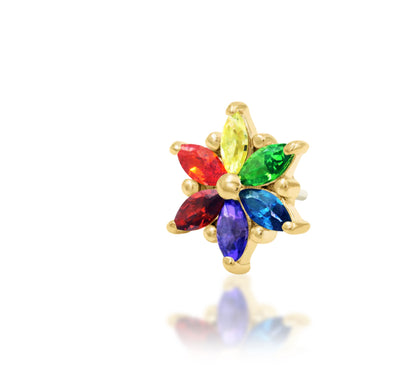 Junipurr Marsha solid 14k gold Rainbow CZ cluster decorative end, product view.