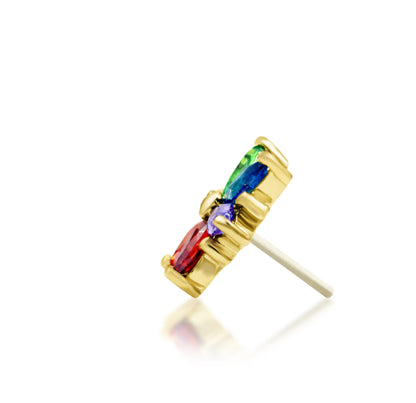 Junipurr Marsha Rainbow CZ threadless decorative end in solid 14k gold, product view.
