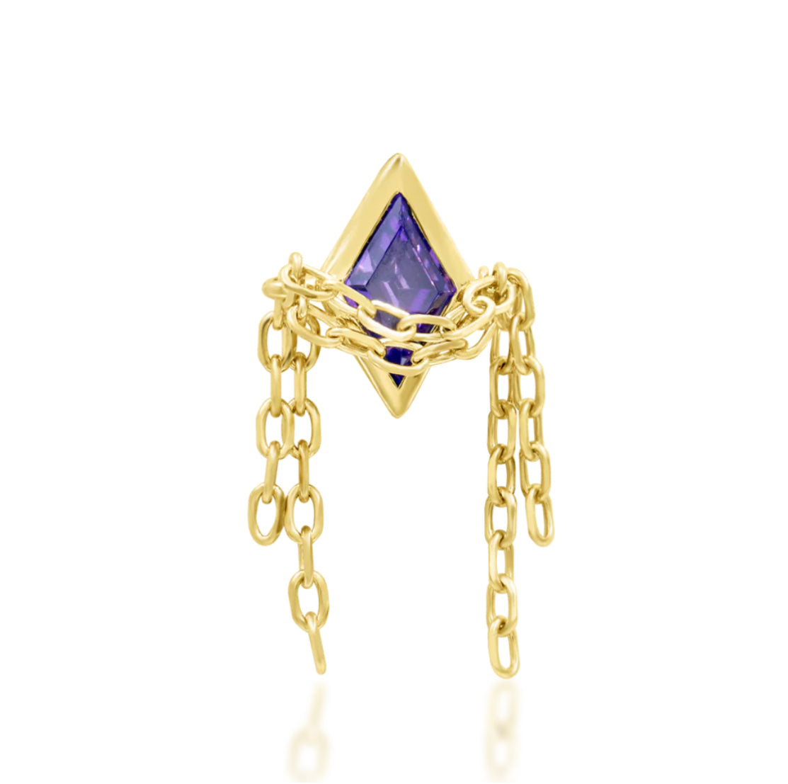Junipurr Mayah solid 14k gold chain threadless earring with violet gemstone detail, product view.