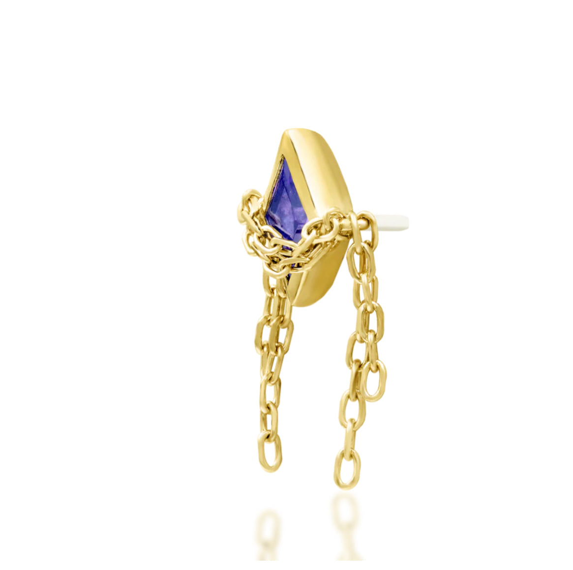 Junipurr Mayah solid 14k gold articulated chain earring with violet gemstone detail, product view.