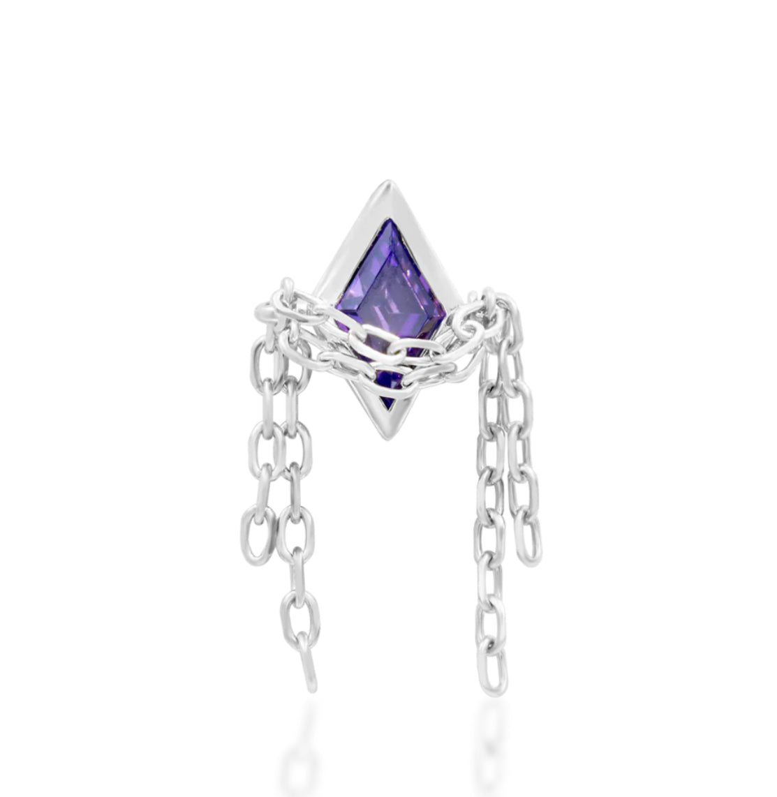Junipurr Mayah solid 14k gold threadless decorative end with fine chain movement and violet gemstone detail, product view.