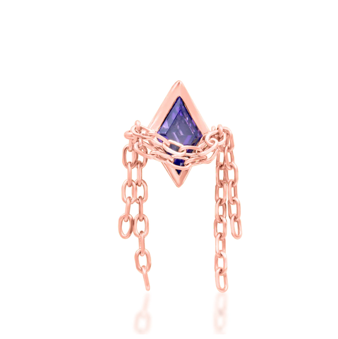 Junipurr Mayah solid 14k gold chain dangle threadless jewellery with violet gemstone detail, product view.