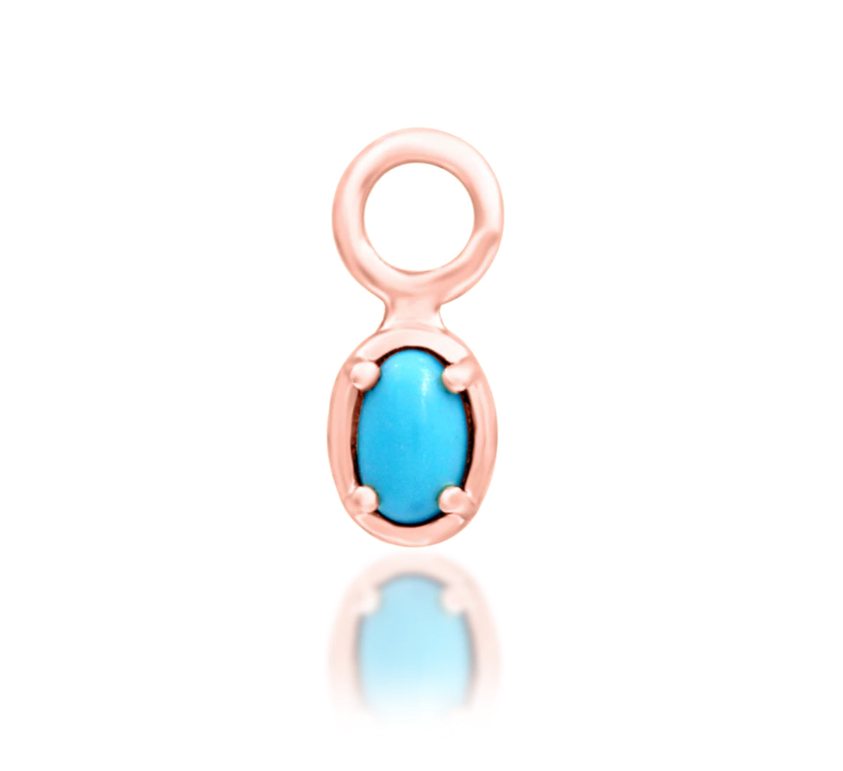 Junipurr Micah solid 14k rose gold charm with an oval synthetic turquoise gemstone, front product view.