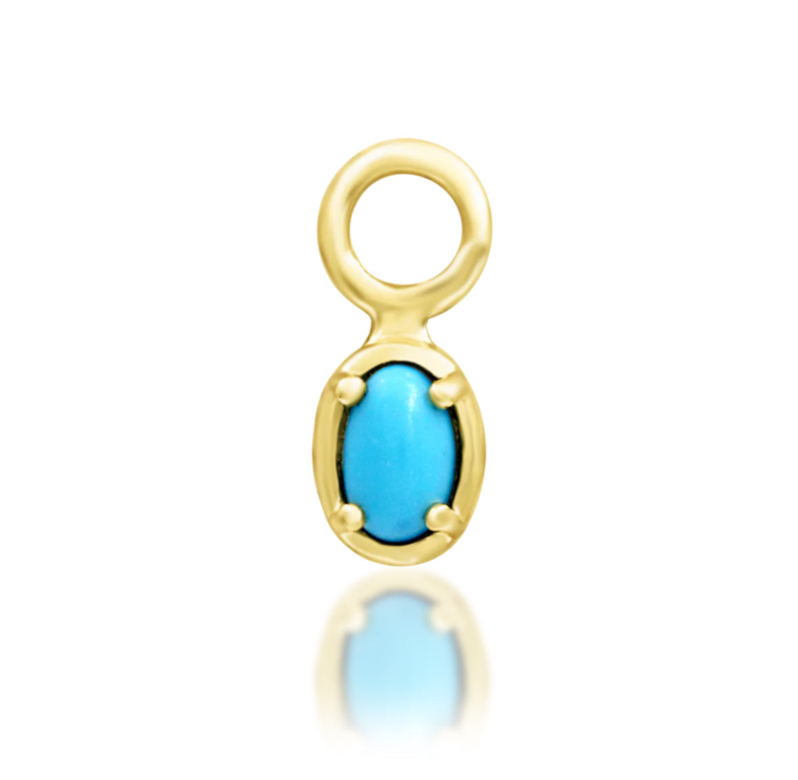 Junipurr Micah solid 14k yellow gold charm with an oval synthetic turquoise gemstone, front product view.