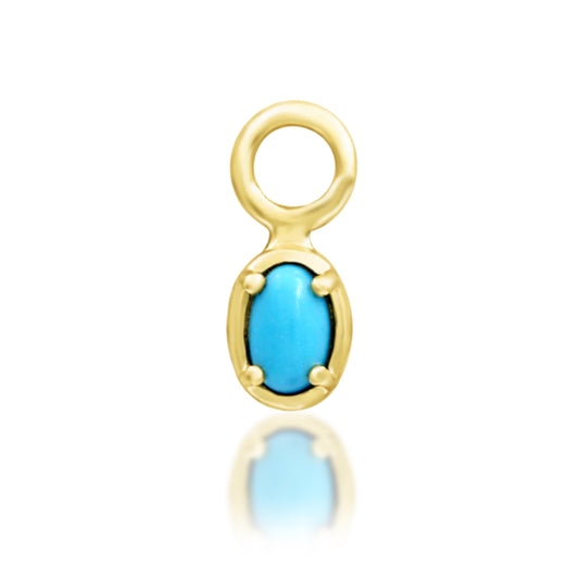 Junipurr Micah solid 14k yellow gold charm with an oval synthetic turquoise gemstone, front product view.