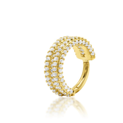 Junipurr Mie Mie in solid 14k yellow gold with a broad surface set with 130 white CZ stones.
