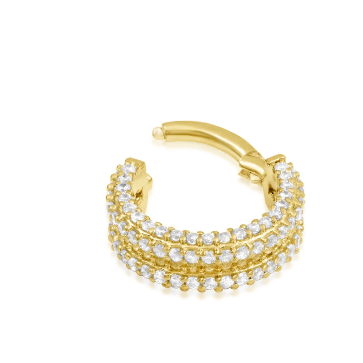 Open Junipurr Mie Mie clicker in 14k yellow gold showing its white CZ-set design and hinged closure.