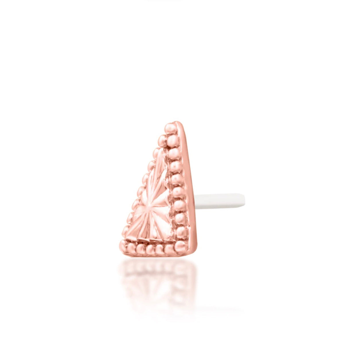 Junipurr Mila solid 14k rose gold geometric triangle threadless end, angled view.