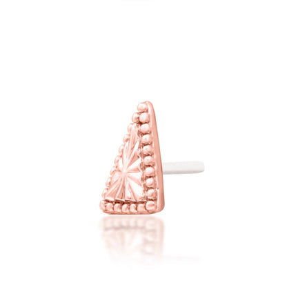 Junipurr Mila solid 14k rose gold geometric triangle threadless end, angled view.