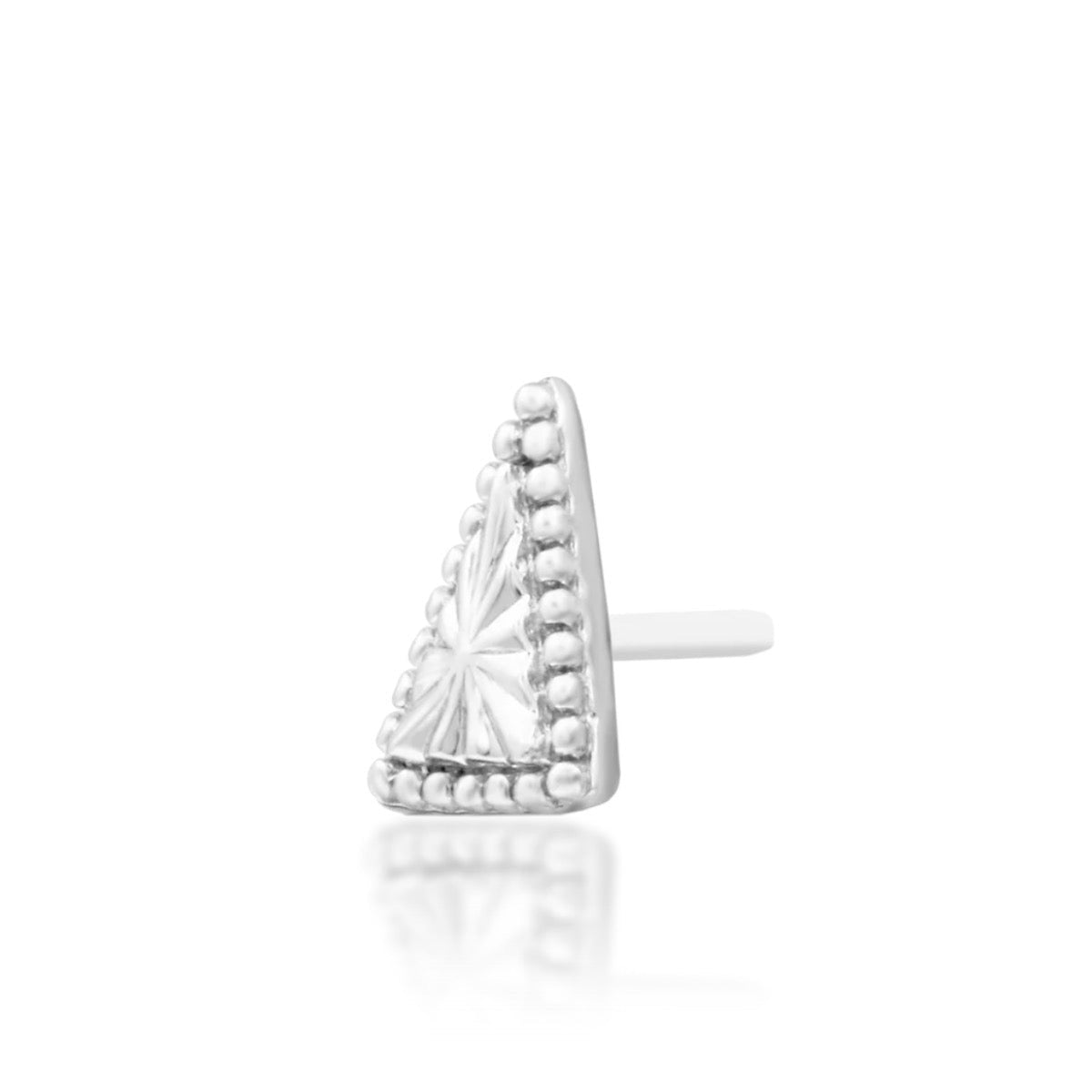 Junipurr Mila solid 14k white gold geometric triangle threadless end, angled view.