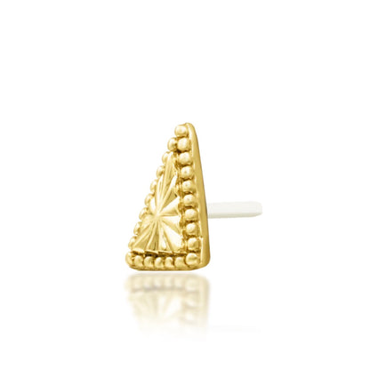 Junipurr Mila solid 14k yellow gold geometric triangle threadless end, angled view.