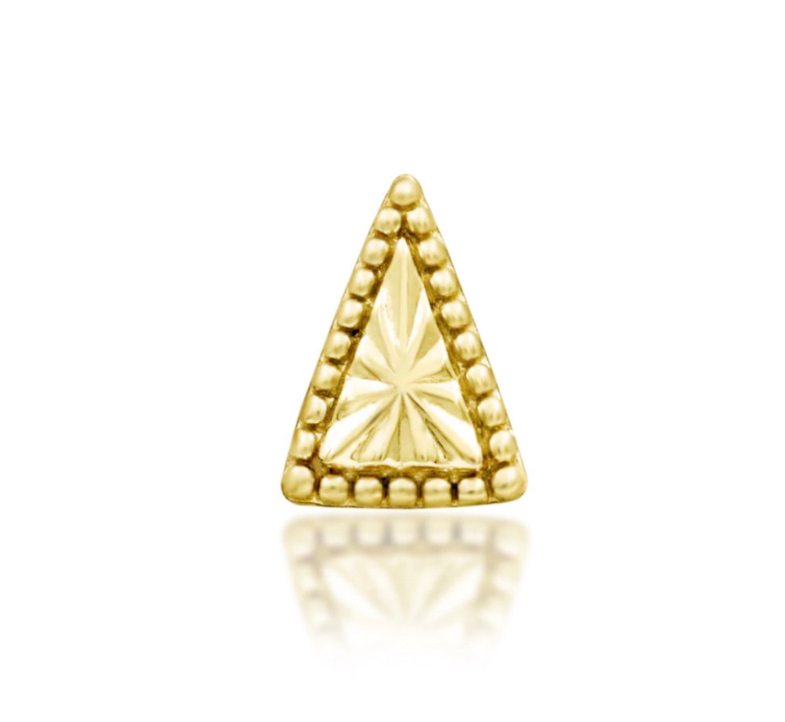 Junipurr Mila solid 14k yellow gold gemstone-free triangle threadless end, front view.