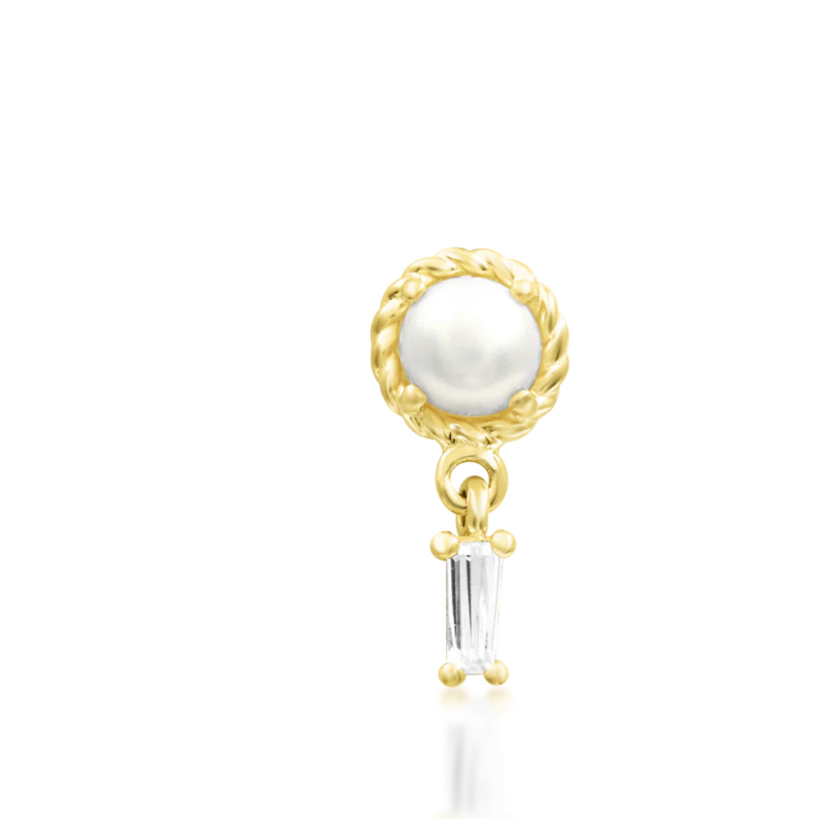 Junipurr Millicent solid 14k gold freshwater pearl and CZ threadless decorative end, product view.