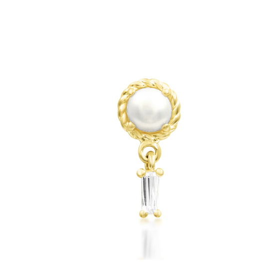 Junipurr Millicent solid 14k gold freshwater pearl and CZ threadless decorative end, product view.