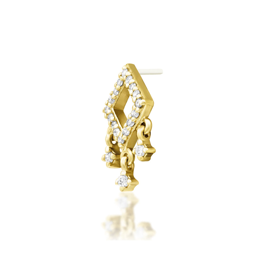 Junipurr Miri lab-grown diamond dangle threadless end in solid 14k yellow gold, side profile.