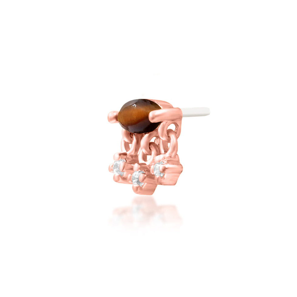 Junipurr Mona solid 14k rose gold Tiger Eye and White CZ threadless end, angled view.