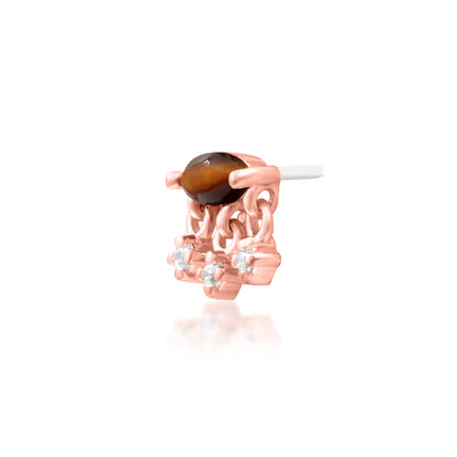 Junipurr Mona solid 14k rose gold Tiger Eye and White CZ threadless end, angled view.