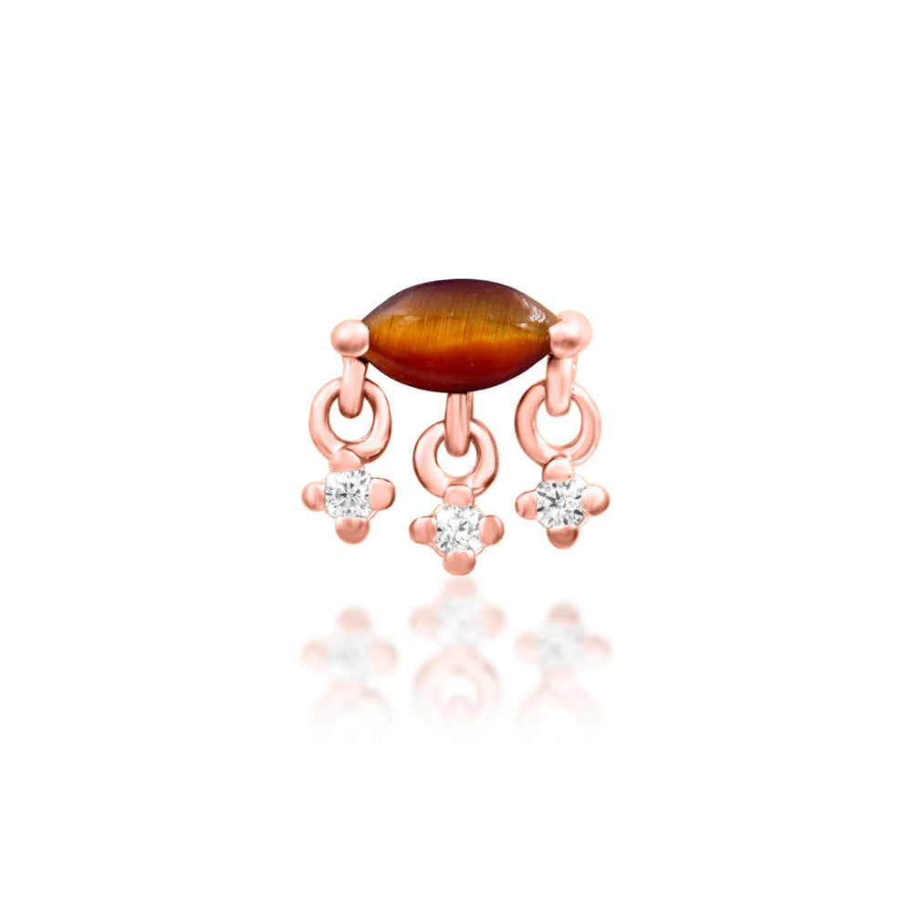Junipurr Mona solid 14k rose gold threadless end with natural Tiger Eye and three White CZ stones, front view.