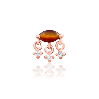 Junipurr Mona solid 14k rose gold threadless end with natural Tiger Eye and three White CZ stones, front view.