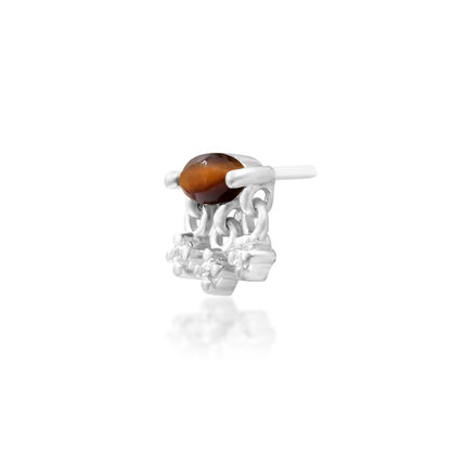 Junipurr Mona solid 14k white gold Tiger Eye and White CZ threadless end, angled view.