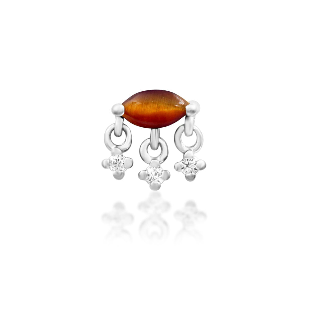 Junipurr Mona solid 14k white gold threadless end with natural Tiger Eye and three White CZ stones, front view.