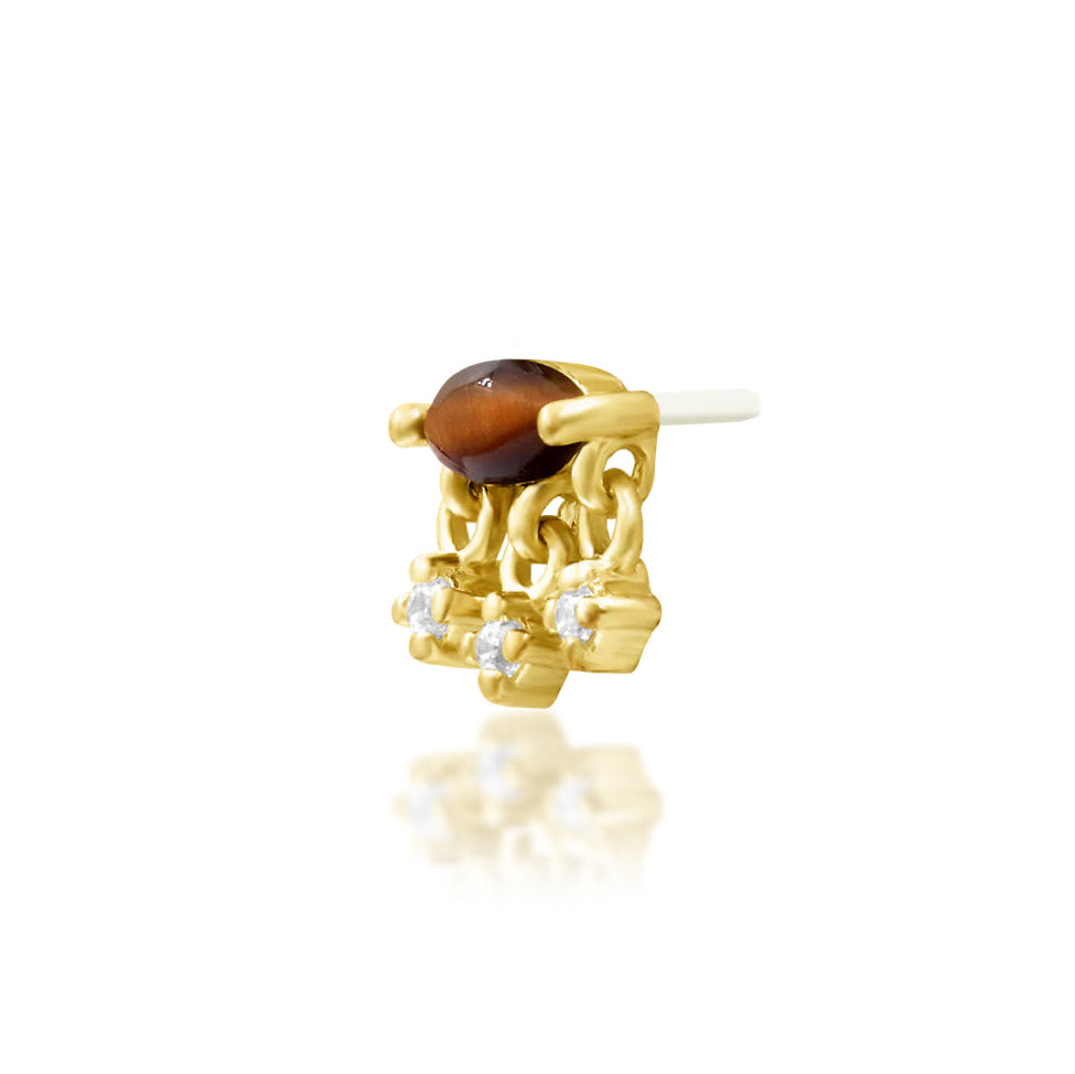Junipurr Mona solid 14k yellow gold Tiger Eye and White CZ threadless end, angled view.