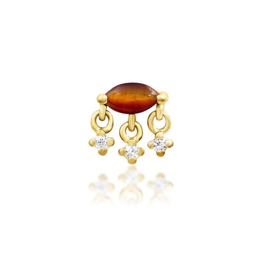 Junipurr Mona solid 14k yellow gold threadless end with natural Tiger Eye and three White CZ stones, front view.