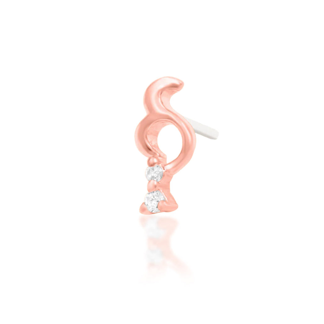 Off front angled view of the Junipurr Jewellery Morgana in rose gold highlighting warm tones and subtle sparkle.