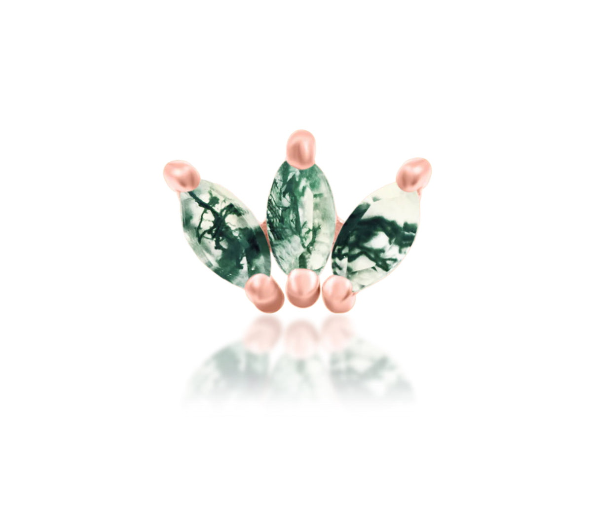 Junipurr Moss Marquise solid 14k rose gold threadless end with three marquise moss agates in a fan, front product view.