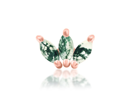 Junipurr Moss Marquise solid 14k rose gold threadless end with three marquise moss agates in a fan, front product view.