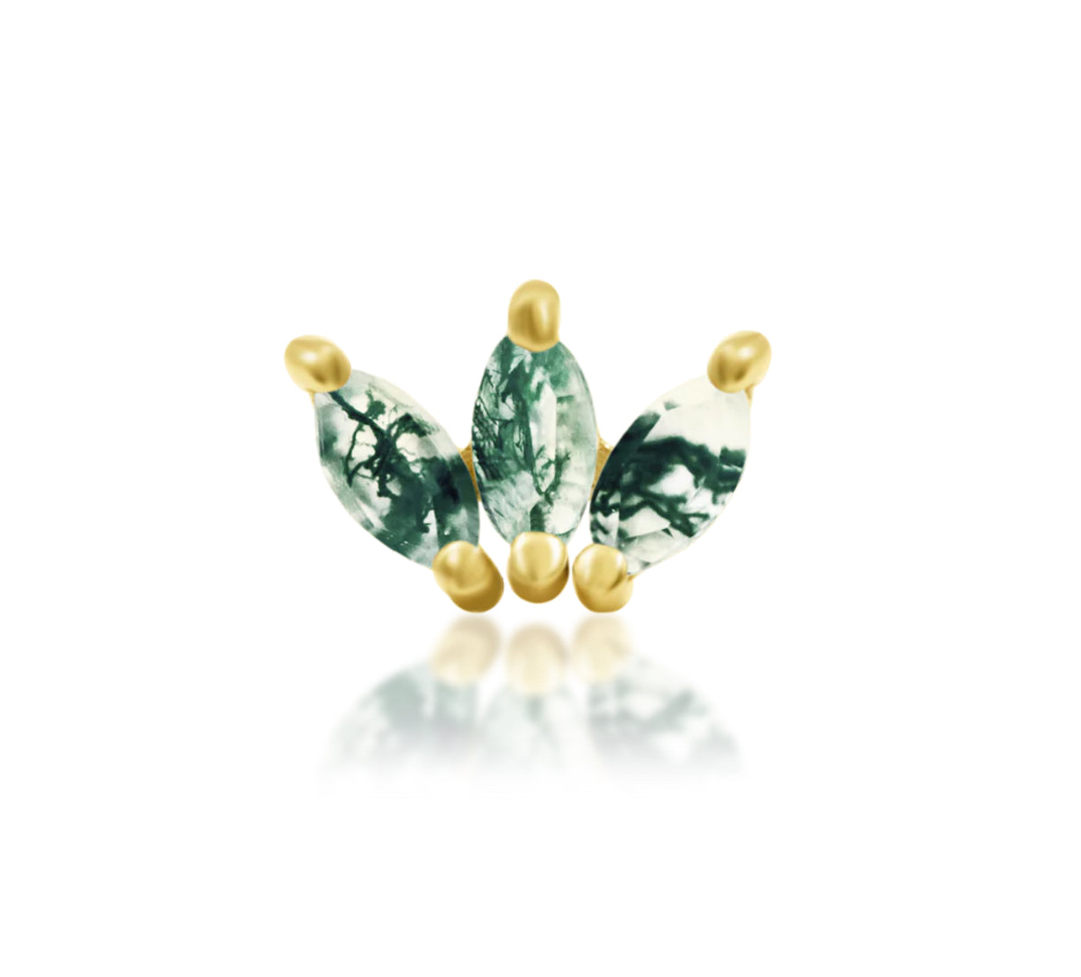 Junipurr Moss Marquise solid 14k yellow gold threadless end with three marquise moss agates in a fan, front product view.