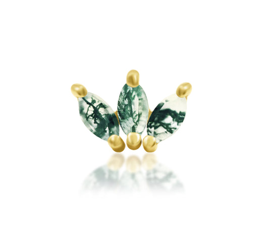 Junipurr Moss Marquise solid 14k yellow gold threadless end with three marquise moss agates in a fan, front product view.