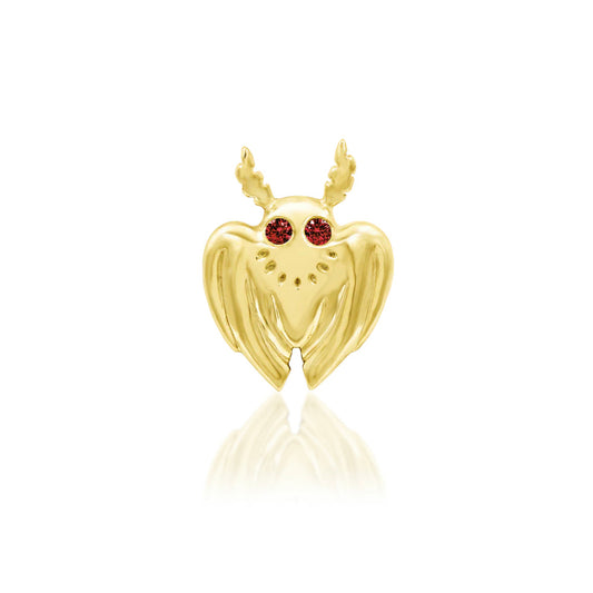 Junipurr Mothman solid 14k yellow gold threadless end with a winged Mothman design and dark Garnet CZ eyes, front view.