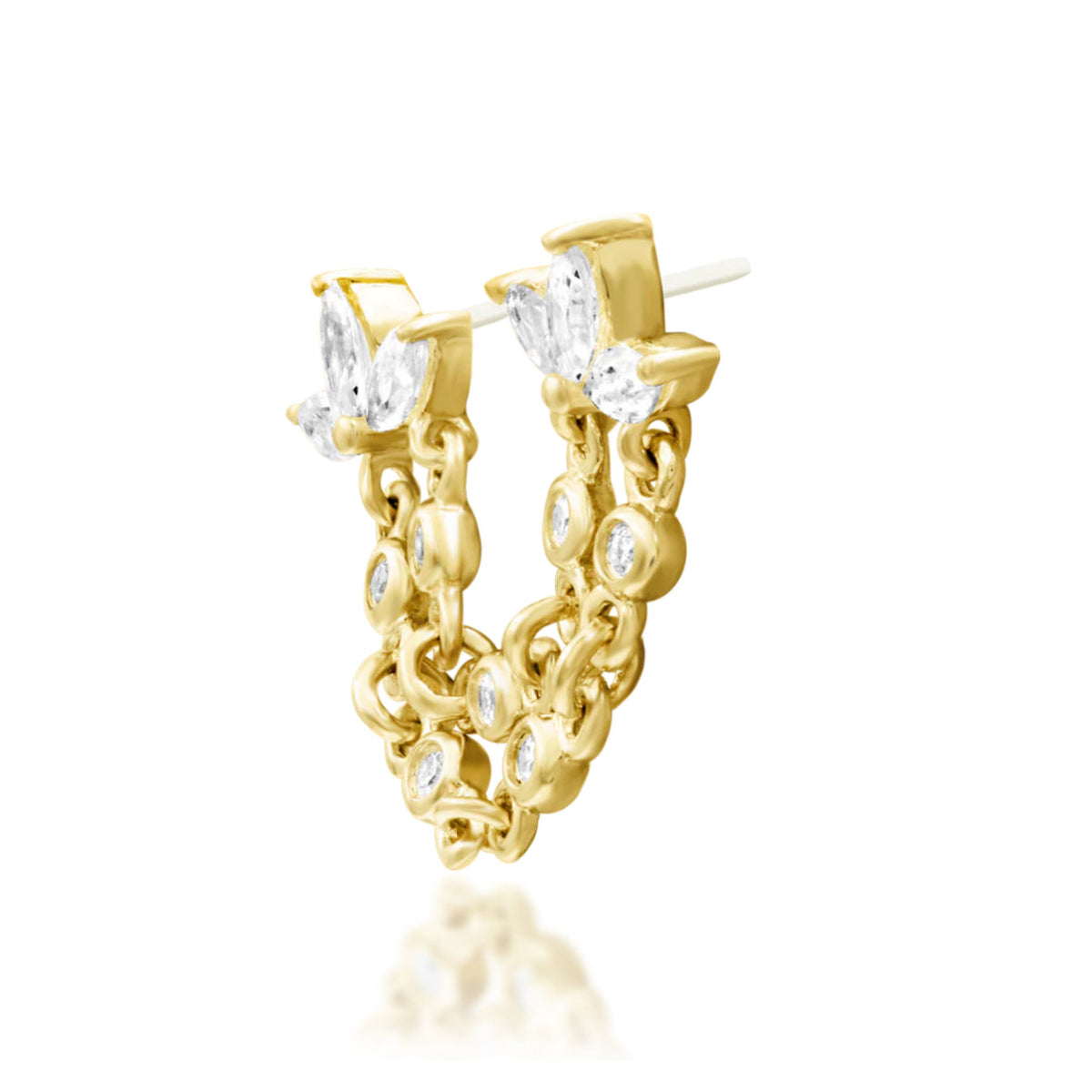 Junipurr Munira solid 14k yellow gold White CZ double-pin chain threadless end, angled view.