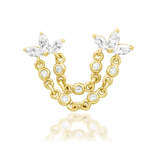 Junipurr Munira solid 14k yellow gold double-pin chain threadless end with marquise White CZ, front view.