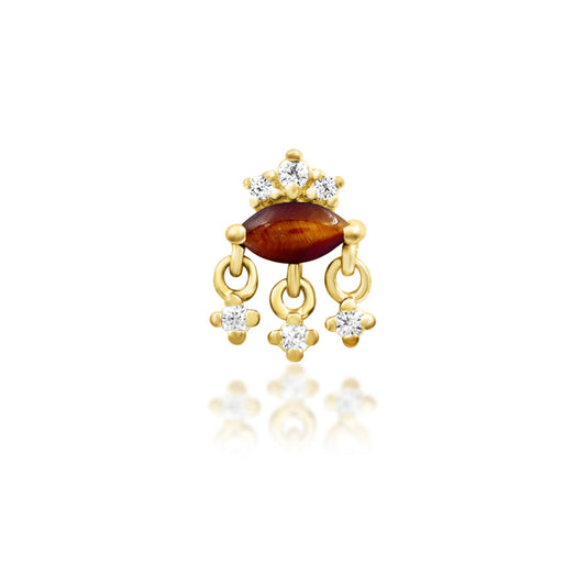 Junipurr Munna solid 14k yellow gold elongated Tiger Eye and White CZ threadless end, front view.