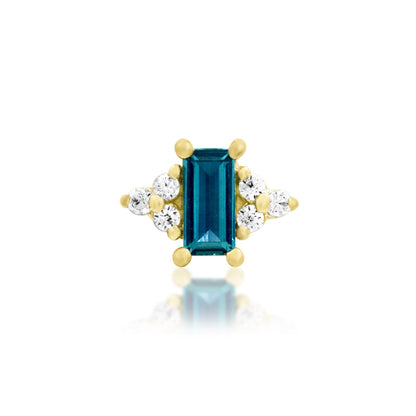 Junipurr Nellie solid 14k yellow gold threadless end with lab-grown Alexandrite and White CZ, front view.