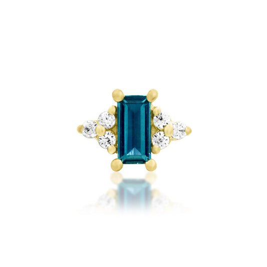 Junipurr Nellie solid 14k yellow gold threadless end with lab-grown Alexandrite and White CZ, front view.