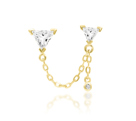 Junipurr Nessa solid 14k yellow gold double-pin chain threadless end with White CZ stones, front view.