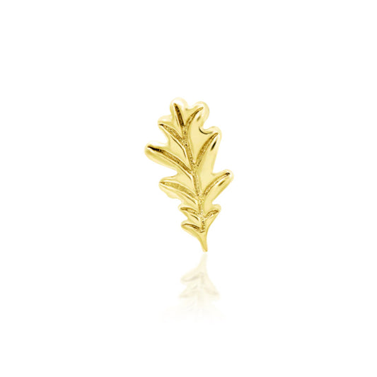 Front view of Junipurr Oak Leaf in solid 14k yellow gold with a petite lobed leaf silhouette
