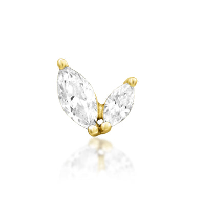 Junipurr Ocie solid 14k gold threadless end with two marquise-cut White CZ stones.