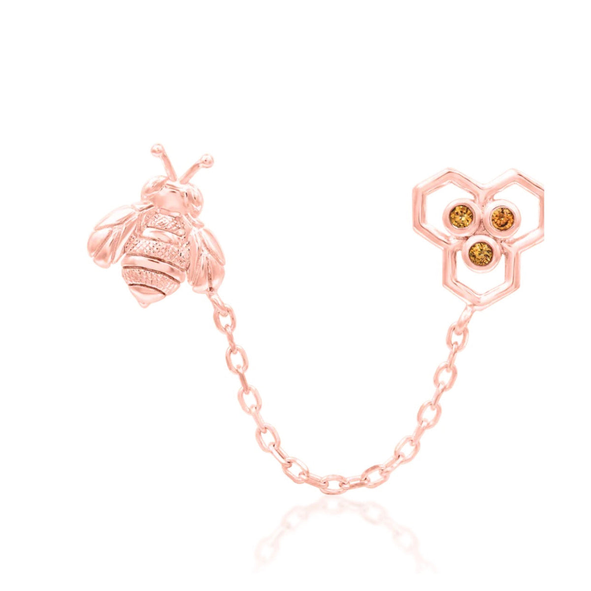 Junipurr Oh Honey solid 14k rose gold connected earring with bee, honeycomb, Dark Champagne CZ and chain.