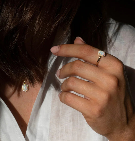 Junipurr Olenis oval opal and cubic zirconia halo necklace, product view.