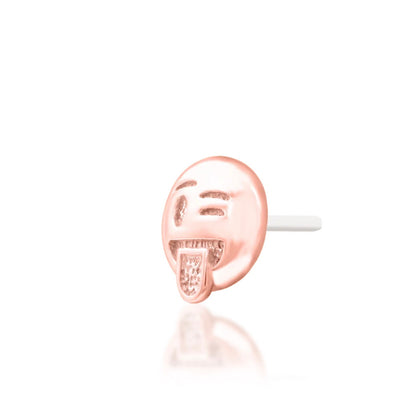 Junipurr oooo Cheeky... solid 14k rose gold winking tongue-out emoji threadless end, angled view.
