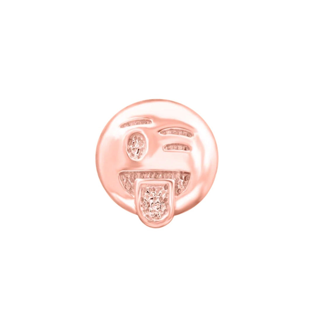 Junipurr oooo Cheeky... solid 14k rose gold winking tongue-out emoji threadless end, front view.