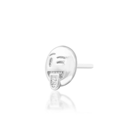 Junipurr oooo Cheeky... solid 14k white gold winking tongue-out emoji threadless end, angled view.